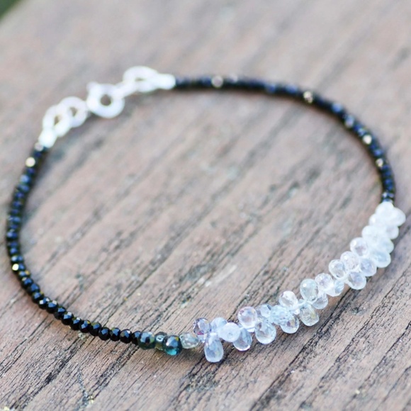Natural Black Spinel, Tiny Briolette Blue Sapphire Bracelet Solid 14K White Gold - Picture 1 of 6